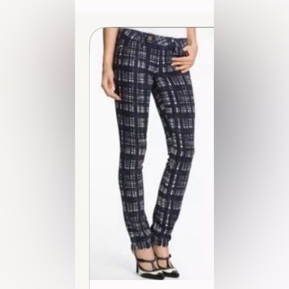 Y2K Tory Burch 28 Conner Tab Front Skinny Pants Blue White Gingham Preppy Fall - Picture 1 of 11